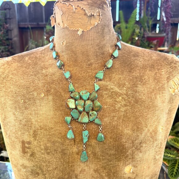 Huge Chunky Sterling Silver & Turquoise Cluster Necklace - Picture 6 of 6